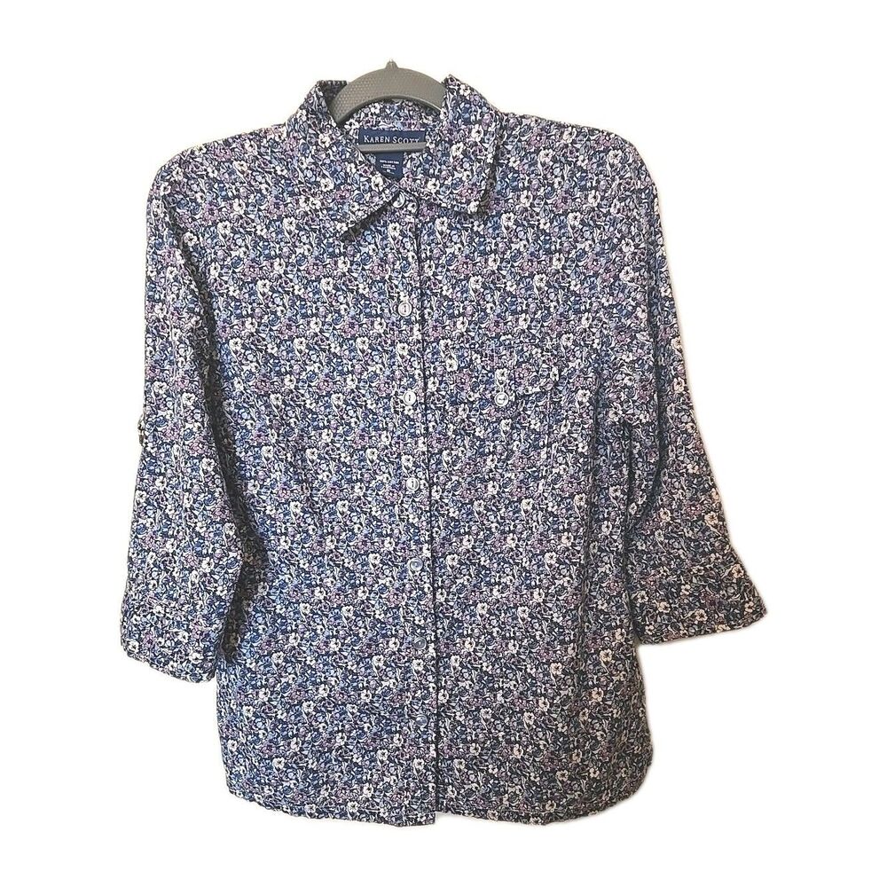 Karen Scott Women's Ditsy Floral Button-Up Shirt Sz S 3/4 Sleeve Cottagecore